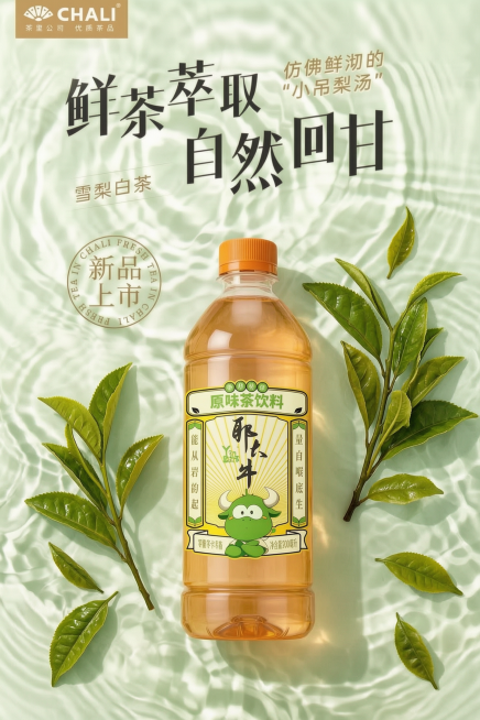 参考原图的整体风格和构图，将图中的所有梨子替换成新鲜茶叶，保持浅绿色水波背景，不改变产品的比例、标签以及茶色，整体风格保持清新自然预览效果