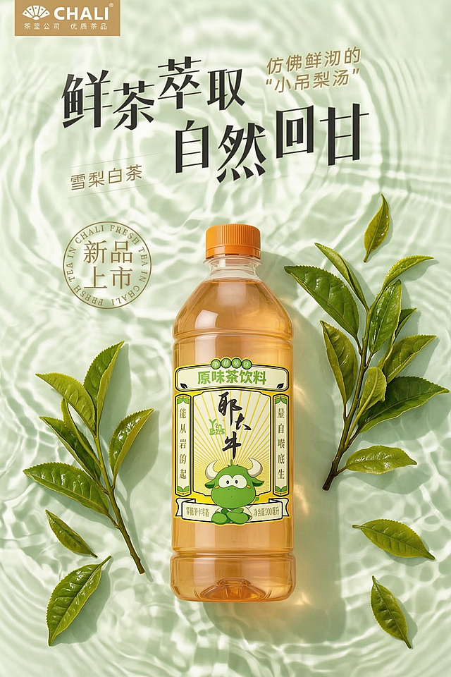 参考原图的整体风格和构图，将图中的所有梨子替换成新鲜茶叶，保持浅绿色水波背景，不改变产品的比例、标签以及茶色，整体风格保持清新自然