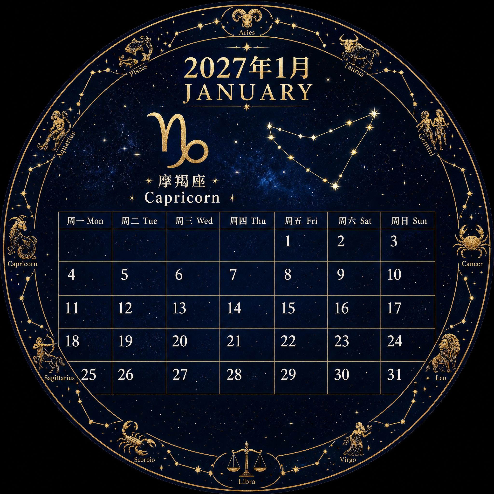 2027年1月圆形星座日历，正圆形构图，深蓝星空背景带金色星点… - 图片创意预览