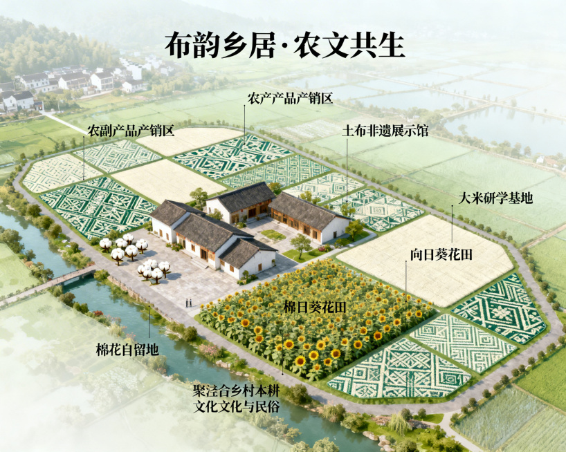 渠泾村聚丰农文旅建设项目总体设计意向鸟瞰图，核心主题布韵乡居·农文共生，整体融入土布非遗纹样元素，融合乡村本土农耕文化与民俗，画面包含农副产品产销区、土布非遗展示馆、大米研学基地、向日葵花田、棉花自留预览效果