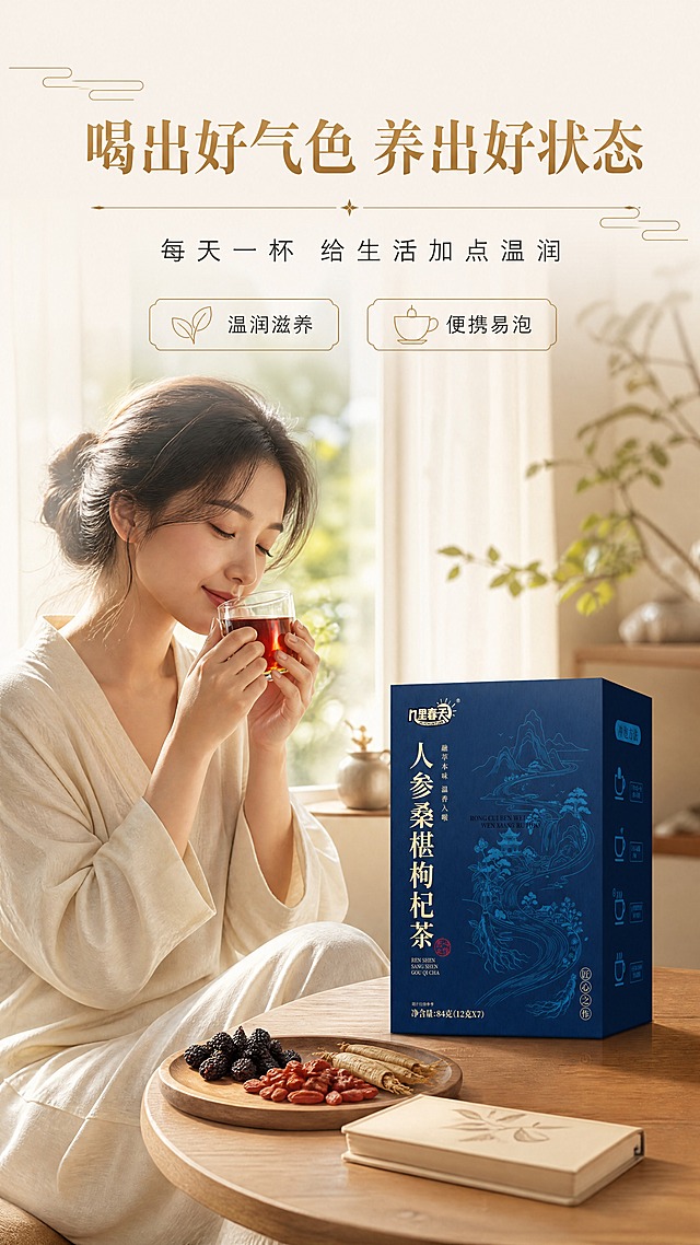 [商品] 使用【图1】几里春天人参桑椹枸杞茶深蓝色纸盒包装；保留包装盒外观、Logo、品名、山水图案；产品放置于画面右侧桌面，占画面约30%。
[画面] 目标：模特生活方式展示，传递舒适滋养的生活感。构图：左侧一位30岁左右亚洲女性，气质温婉，穿米白色宽松家居服，坐在窗边木桌旁，双手捧着一杯热茶，低头轻嗅茶香，表情放松愉悦；右侧桌面摆放产品包装盒；背景为柔和的窗景自然光，纱帘半透，营造温暖治愈的居家氛围；≥3层景深。
[视觉] 套系策略：风格=东方新中式国潮商业摄影，高级质感；标题字=宋体衬线粗体，端庄大气；正文字=简洁无衬线体，清晰易读；主色=藏青深蓝；背景延展=暖米白+浅木色+藏青产品形成色彩呼应，整体暖调治愈；强调色=烫金古铜色，仅用于小面积图标、引线、标签和重点文字高亮；标题色=烫金色；正文色=深炭灰；组件=细线描边信息卡、中式装饰元素；光影=右侧自然窗光，柔和暖调，人物面部光线均匀。
[文字] 顶部主标题"喝出好气色 养出好状态"，副标题"每天一杯 给生活加点温润"；配2个短卖点：「温润滋养」「便携易泡」；文字全部横排，放置于上方留白区，不遮挡人物和产品主体；字号适配移动端清晰可读。
[规格] 图片比例9:16竖版，4K，负向提示：避免变形、错字、文字过小、医疗功效宣传、极限词、出现具体地名、出现内包、包装文字错乱、人物表情僵硬、欧美面孔。