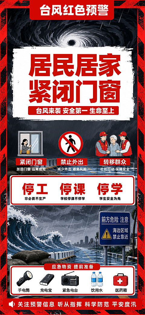 粗红大字警戒边框台风红色预警海报 居家避险应急物资清单商用竖版配图