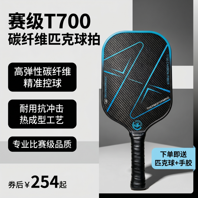[主图 1] 匹克球拍产品首图，采用参考图的左文右图版式设计，参考参考图的排版风格。[氛围风格] 专业运动器材电商主图风格，简洁高级。[画质] 商业摄影质感、光线柔和通透、产品清晰真实、画面干净高级。预览效果