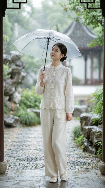 8K超高清，RAW格式，专业人像摄影，新中式贵气氛围感大片，全身人像，24岁左右气质温婉的东方女生，鹅蛋脸，清透贵气的淡妆，黑长直柔顺低盘发，点缀一支珍珠发簪，眉眼温柔，自带书香贵气感；配饰为小巧的珍预览效果