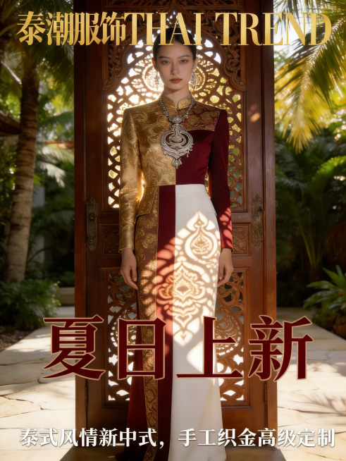 在原图基础上添加文字信息，添加的文字包含：品牌名“泰潮服饰 THAI TREND”，活动主题“夏日上新”，卖点文案“泰式风情新中式，手工织金高级定制”，要求字体与奢华典雅的海报风格统一，文字颜色使用金预览效果