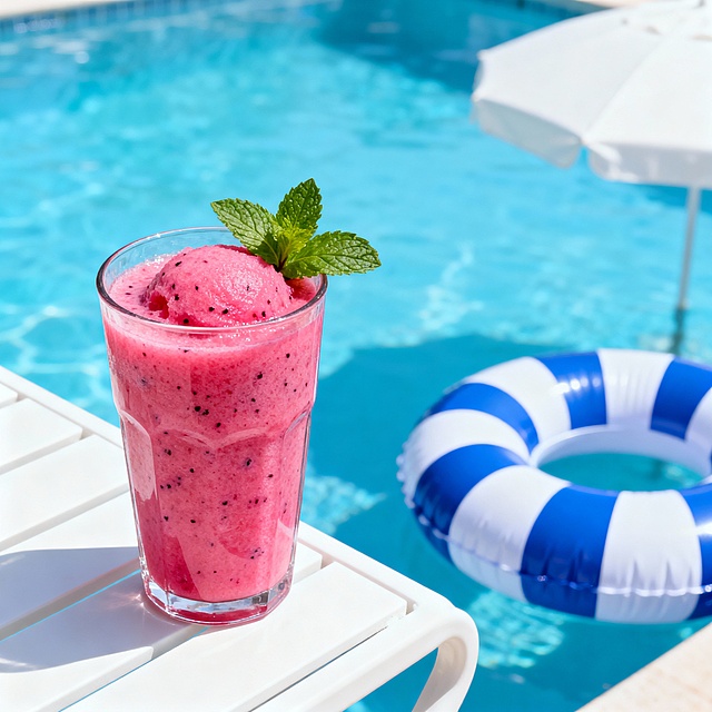 泳池边冰沙消暑场景：红心火龙果冰沙装透明杯，插薄荷叶，放泳池边置物台，旁有漂浮泳圈，蓝白配色，传递夏日冰爽体验，适配饮品推广。