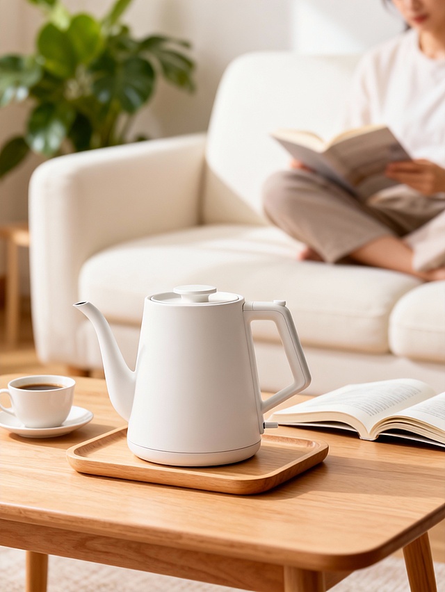 温柔慵懒居家风调性，整体配色以奶白、浅木色与暖棕为主，色调松弛柔和；采用平视视角，主体偏左构图，放置在画面中下部的茶几托盘上，占据约 15% 视觉空间；周围是咖啡杯、书籍与休闲人物，背景为浅色系沙发与绿植，主体与慵懒阅读场景融合；运用自然光效渲染突出生活质感，浅景深处理，主体清晰锐利，背景沙发柔和虚化还原氛围。