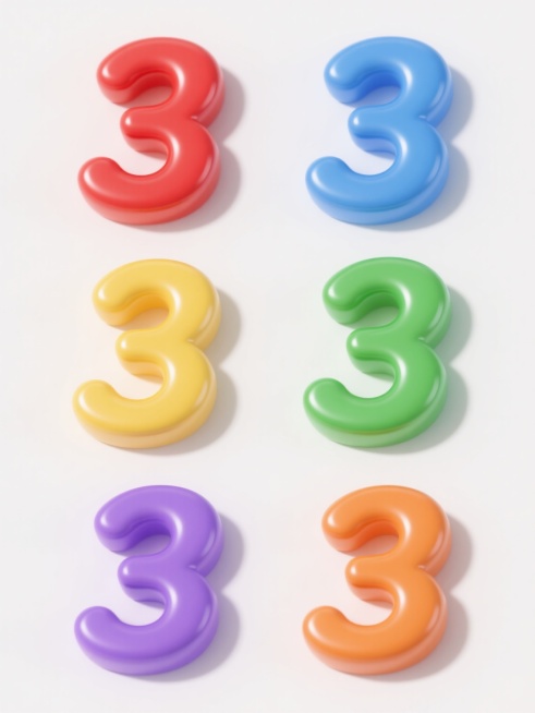 六个完全相同的3D立体数字“3”图标，保持原有的光滑金属质感、圆润边角、正面光照及轻微阴影效果，每个数字分别采用截然不同的纯色配色方案（红色、蓝色、绿色、黄色、紫色、橙色），背景为纯白色，六个图标呈2行3列规整排布，形成系列素材集合。预览效果