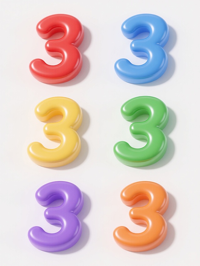六个完全相同的3D立体数字“3”图标，保持原有的光滑金属质感、圆润边角、正面光照及轻微阴影效果，每个数字分别采用截然不同的纯色配色方案（红色、蓝色、绿色、黄色、紫色、橙色），背景为纯白色，六个图标呈2行3列规整排布，形成系列素材集合。