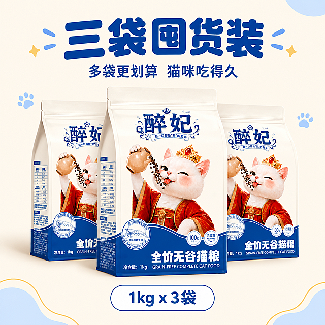 [主图-5] 3包装组合图 展示三袋猫粮组合装
[统一基调] 米白/奶白色主背景 + 深蓝色强调色 + 金色点缀 + 浅蓝辅助色 + 白色圆角卡片 + 圆润可爱无衬线字体 + 深蓝色主标题字色
[画面] 画面中心展示三袋醉妃全价无谷猫粮 呈品字形摆放 中间一袋靠前 左右两袋稍后错开 形成自然的前后层次感和稳定的三角构图 三袋均为正面视角 包装完整清晰 猫咪IP形象可见 三袋下方有柔和的接触阴影 自然落在背景上 产品整体占画面约65% 画面上方留白放置标题 下方留白放置规格信息 整体构图饱满 突出三袋组合的囤货感
[光影质感] 商业摄影质感 柔和正面主光 左上方来光 三袋猫粮各自有自然的明暗过渡 前后袋之间有轻微投影 体现层次感 包装材质呈现哑光纸袋质感 整体光线明亮干净
[配色] 米白色背景 深蓝色标题和强调文字 白色圆角标签 整体色系统一 不偏离主色家族
[文字版式] 画面上方大标题"三袋囤货装" 深蓝色粗体圆润大字 字号最大 居中 标题下方小字"多袋更划算 猫咪吃得久" 深蓝色 字号缩小50%以上 画面底部一个白色圆角标签 写"1kg x 3袋" 深蓝色文字 标签有细蓝边 文字不遮挡产品主体 字体统一圆润无衬线体
[输出要求] 1:1正方形 产品清晰不变形 三袋包装外观与原图完全一致 文字清晰可读 无水印 无平台Logo 无功效类表述 负向：变形 错字 模糊 杂乱 水印 平台标识 极限词 杜撰包装