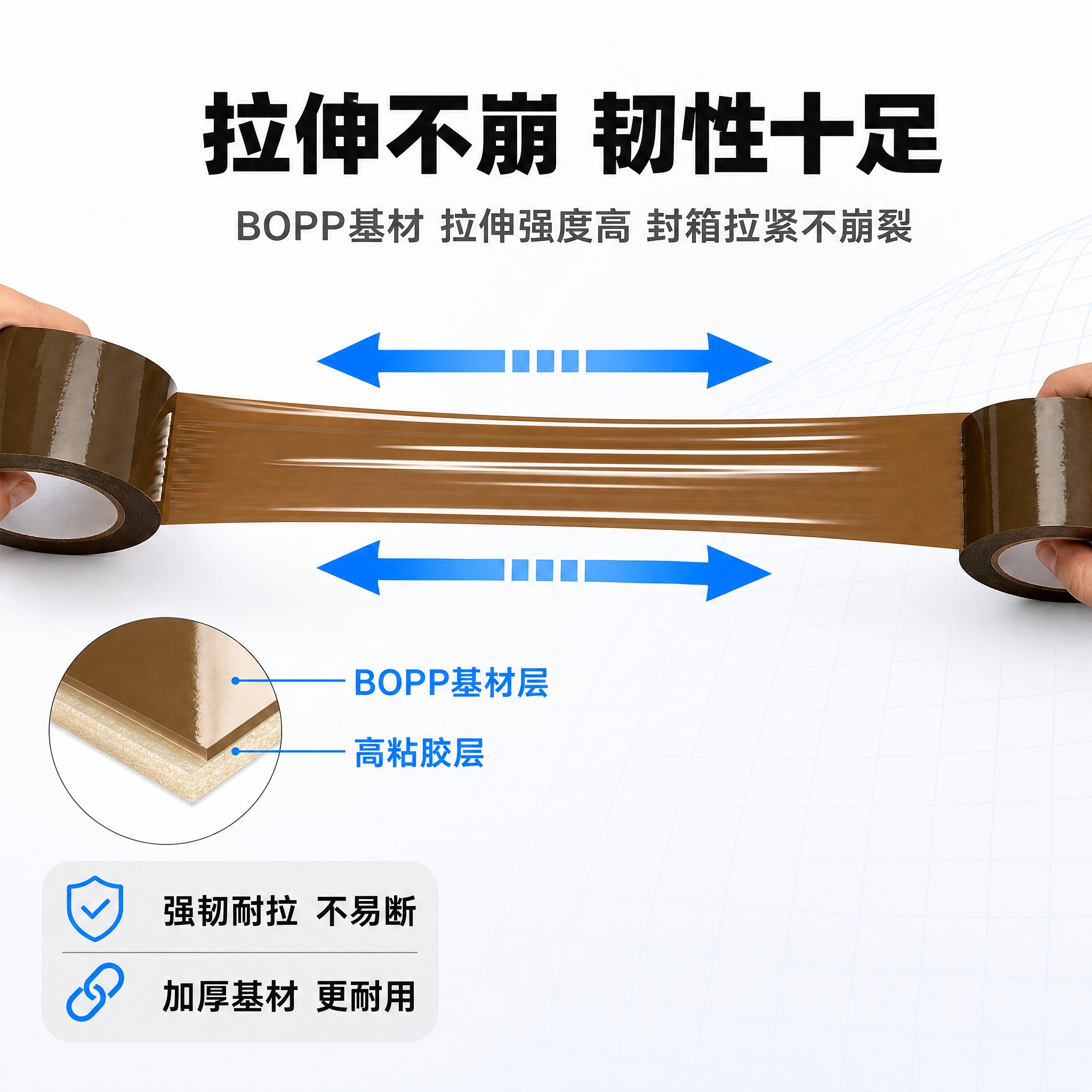 [主图-4] 静音无声封箱胶带 拉伸韧性卖点证明，明亮干净风格… - 图片创意预览