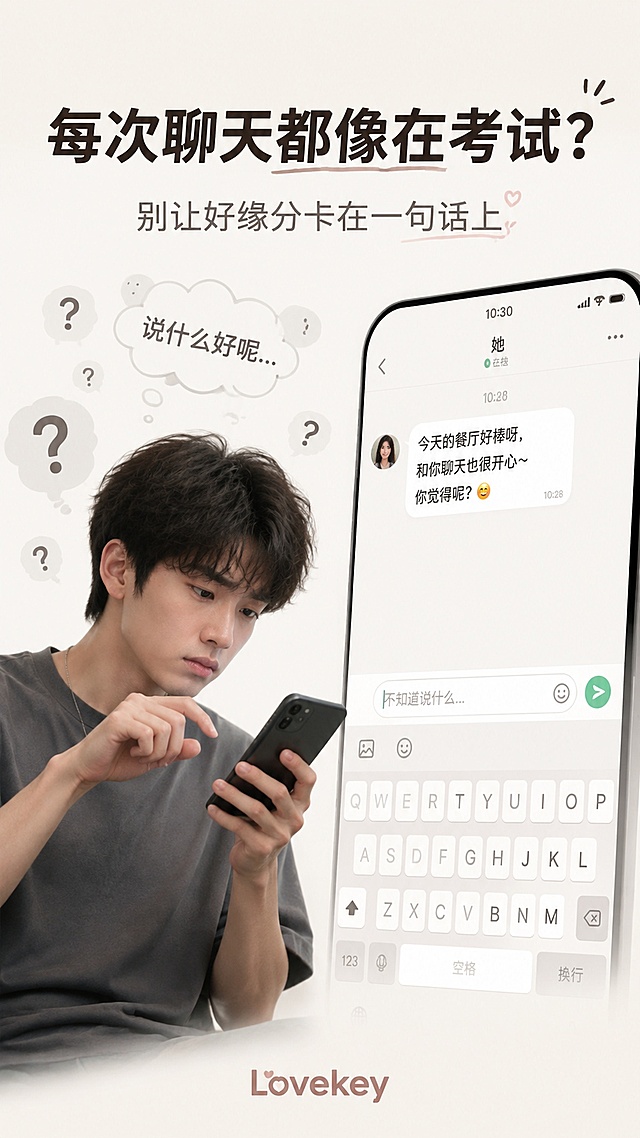 Lovekey 不会聊天痛点海报，9:16竖版，年轻用户情绪代入风格。奶油白背景，左侧是一个年轻男生低头看手机，表情困惑犹豫，手指悬在输入框上方，周围有多个问号气泡和思考云团，写着"说什么好呢..."。右侧展示手机聊天界面，对方发来消息，输入框空空的，显示"不知道说什么..."的灰色占位文字。画面上方大标题"每次聊天都像在考试？"，副标题"别让好缘分卡在一句话上"，底部有品牌名Lovekey。整体氛围真实有代入感，柔和色调，无任何下载按钮。