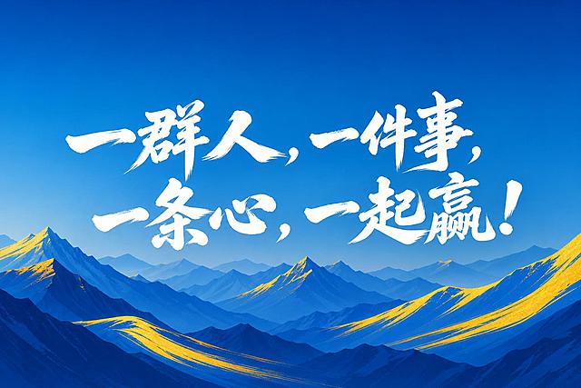 参考图中的蓝黄撞色风格，设计一张横版平面海报，比例144:96。蓝色基调为主，搭配金黄色点缀，风格简约大气。背景采用蓝色渐变山峦/山脉插画风格，山峦层次分明，阳光洒在山脊上呈现金黄色高光，与参考图的视觉风格一致。主标题文字为"一群人，一件事，一条心，一起赢！"，使用大气醒目的白色毛笔书法艺术字，笔触苍劲有力，字号大且居中排布，占据画面视觉中心。整体风格高端大气，有力量感和团队凝聚力，纯平面无褶皱，画面干净平整，排版精美。画面中所有文字必须准确清晰，不得有错字。