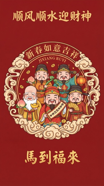 传统祥云纹图形设计 中文“新春如意吉祥”与小英文JIXIANG RUYI”组成主体，采用细腻的曲线相互交织，构建出富有层次感的图案。精美的祥云纹，“顺风顺水迎财神”标题，Q版漫画矢量图，五个卡通五路财预览效果