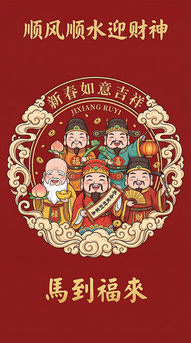 壁纸国潮风插画，拟人化财神喜庆登场，剪纸纹样环绕，鎏金文字点缀，红金配色尽显新春吉祥氛围。