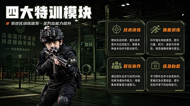 [主图-3] 课程亮点与内容结构理性说服，展示特战体验的核心训练项目。[统一基调] 整体军事大气风格，深军绿色与黑色为主色调，标题字色为军绿色描边白字，辅助字色为浅灰色，强调色为战术橙，字体为硬朗方正粗黑体，字号层级分明，卡片采用战术装备风格边框。[画面] 画面中央偏左为身穿全套特战训练装备的少年，手持训练器械做出战术姿势，动作标准有力，占画面约35%。背景为军事训练基地室内训练场，有训练设施、战术灯光。画面右侧分布四个战术风格卡片，分别展示不同训练项目：战术训练、体能训练、团队协作、应急自救。每个卡片配有对应图标和简短说明。[光影质感] 商业摄影质感，主光从前方打来，人物动作清晰有力，装备细节丰富，背景训练场环境真实有层次，战术灯光营造专业训练氛围，整体光影硬朗有力量感。[配色] 深军绿、炭黑为主，战术橙点缀卡片标题，整体色调统一军事风。[文字版式] 画面左上方主标题"四大特训模块"，大号粗黑体，白色带军绿描边。右侧四张卡片式布局，每张卡片顶部为项目名称（战术训练/体能训练/团队协作/应急自救），战术橙色字体，下方为简短说明文字，白色小号字体。卡片采用半透明深灰底加战术边框样式。[输出要求] 横版16:9比例，文字清晰可读，人物动作标准，信息层次分明。禁止变形、错字、模糊、杂乱、水印、平台Logo。