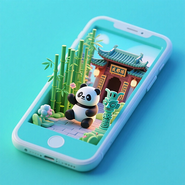 一个手机创意微缩场景，手机平放，侧面对着观众，手机俯视角度，立体的成都景观从屏幕内出来，有熊猫，三星堆，武侯祠，整体色调立体魔幻。青色背景。具有梦幻感,打光营造出柔和氛围强调梦幻和未来感的美学。