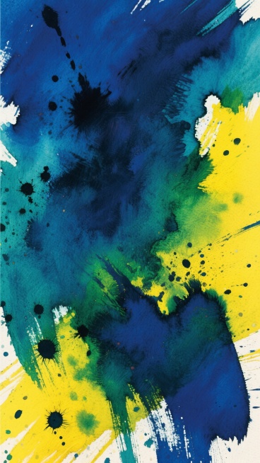 色彩丰富的抽象水彩画，画面中充满了粗犷奔放的笔触，浓墨重彩的颜料涂抹与飞溅的墨点交织，形成动感十足的视觉效果。主色调改为深邃的靛蓝色、沉稳的青绿色与明亮的柠黄色，色彩之间相互渗透晕染，既有大面积的色块铺陈，又有细腻的色彩过渡，整体呈现出一种神秘而充满活力的氛围，笔触质感厚重，颜料的肌理感清晰可见，色彩对比鲜明又和谐统一。预览效果