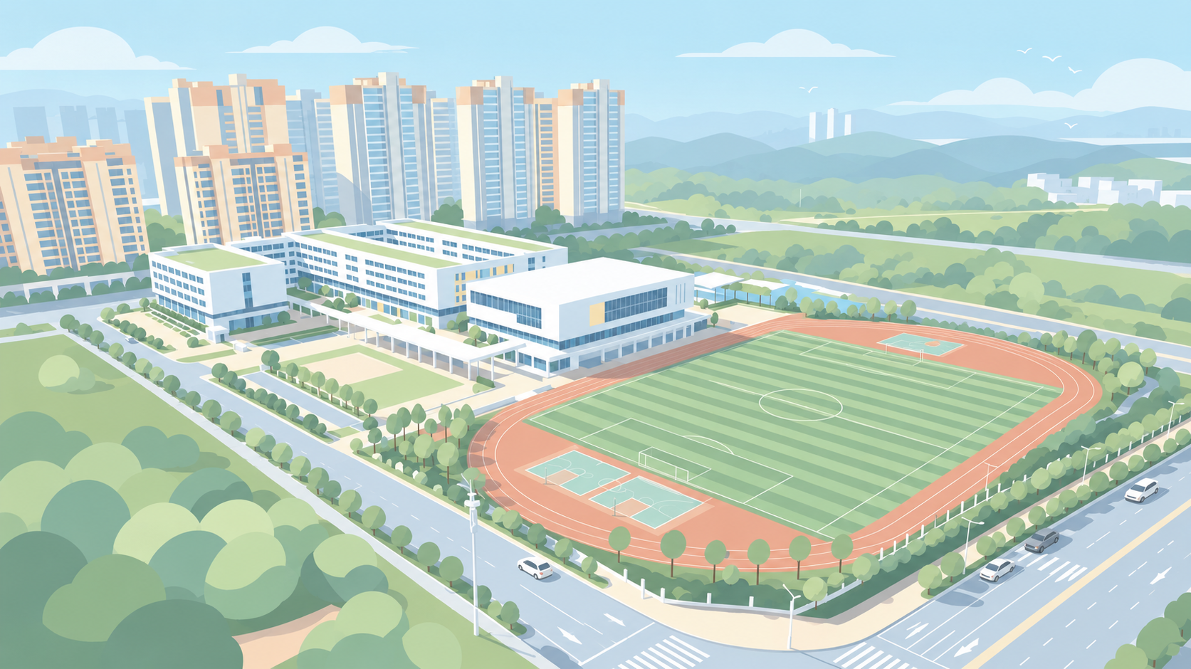 参考图二的低饱和度柔和扁平插画风格，将图一的校园场景重绘为同款… - 图片创意预览