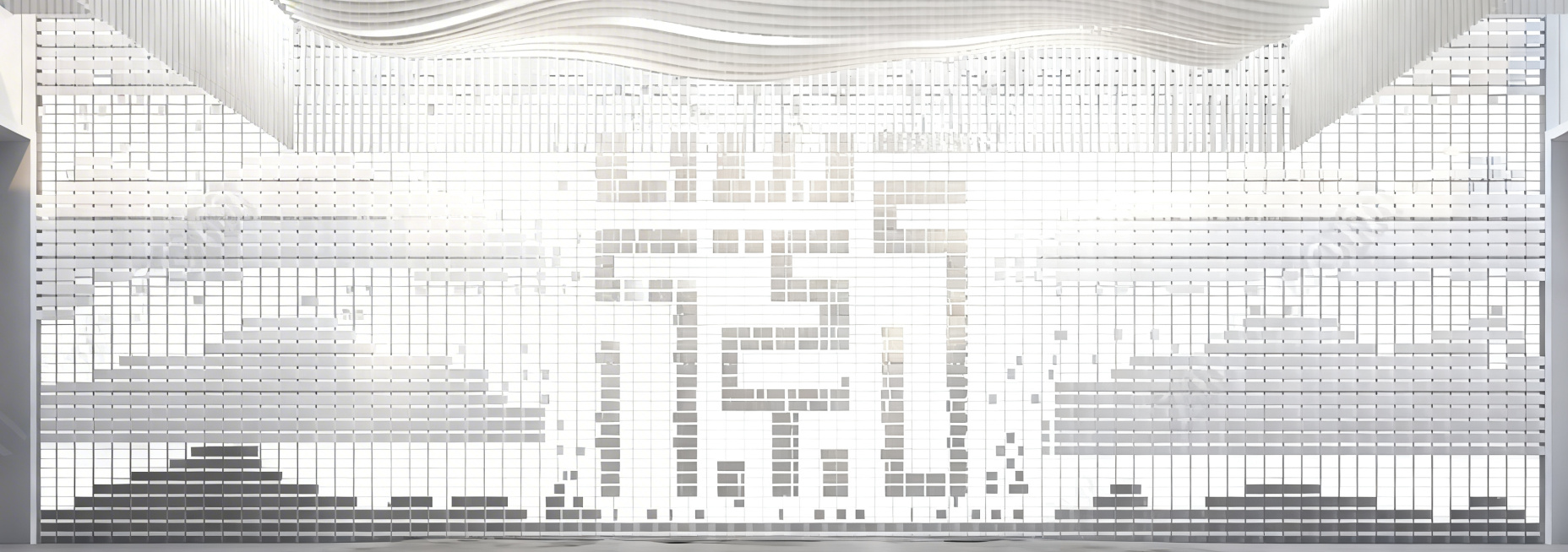 保留整体空间结构和文字装置艺术吊顶，去掉图片底部所有人物，补全人物位置的地面和墙面，保持整体现代简约空间风格不变预览效果
