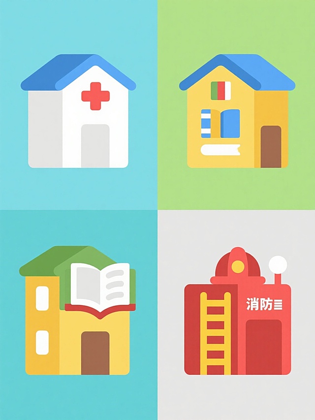 一组四个不同公共建筑的扁平化图标，保持统一的简约风格、规整的几何造型、清晰的线条轮廓、纯色填充和微妙的白色高光效果，分别为医院（白色主体配红色十字标志）、学校（黄色主体配蓝色屋顶和书本图案）、图书馆（棕色主体配绿色屋顶和打开的书本标志）、消防局（红色主体配黄色梯子和消防帽图案），每个建筑图标独立置于对应不同颜色的纯色背景上（如浅蓝、浅绿、浅黄、浅灰），四个图标呈2x2网格状规整排布，整体构图平衡对称，色彩明快协调，具有清晰的视觉识别性和信息传达效率。