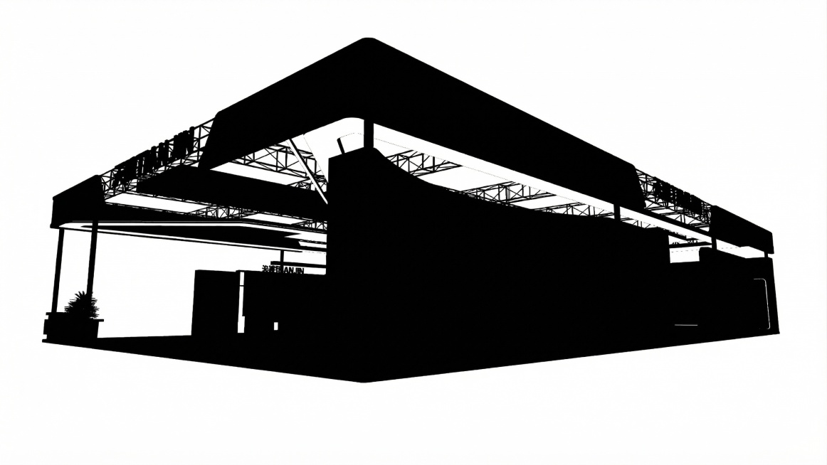 将这张展位设计图转为纯剪影形式，1:1复刻整体造型，整体为黑色实心剪影，白色透明背景，保留所有外轮廓造型预览效果