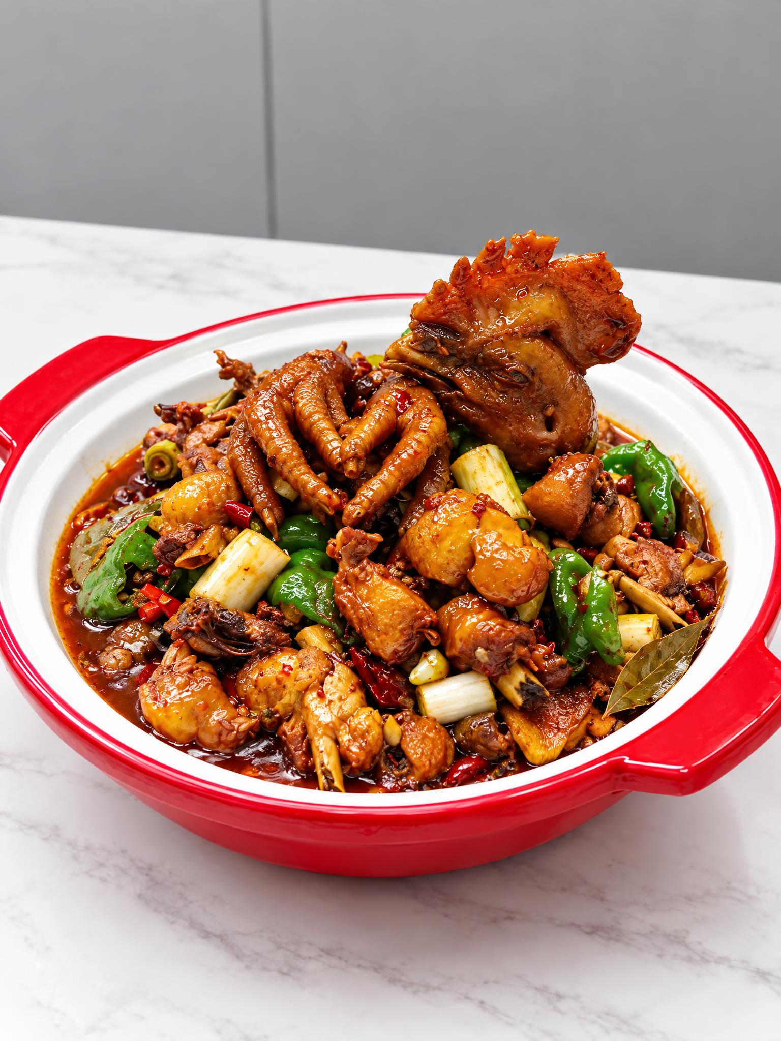 基于参考图中的红烧土鸡菜品，生成右侧45度斜角角度的美食摄影图… - 图片创意预览