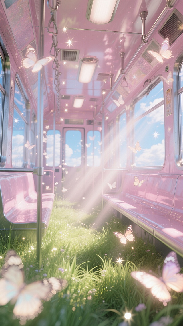 空旷的公交车内部，整个公交车内长满茂密的草，周围飘着发光的蝴蝶，车窗外可以看到蓝天白云，整体呈现粉色调
