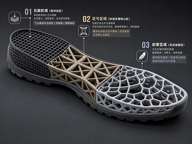 现代感3D风鞋底设计，科技感十足的几何结构，金属质感与未来感交织，展现虚拟现实般的精密工程美学。