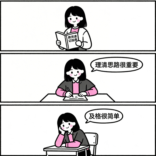 白底，分3格的黑白粉简笔漫画，粗线条无阴影，极简背景，每格都是亲切表情的女大学生，有长有短头发，穿着便装：第1格，女大学生拿着写着“教资速记指南”的书；第2格，女大学生在桌前急写，旁边配对话“理清思路预览效果