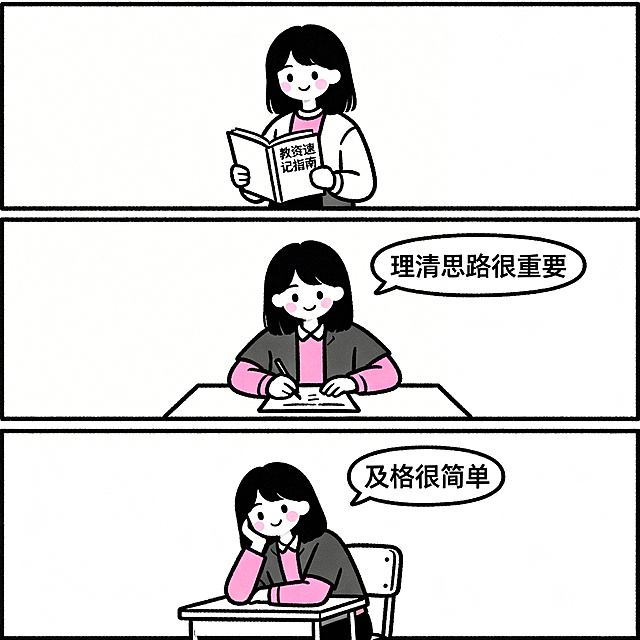 白底，分3格的黑白粉简笔漫画，粗线条无阴影，极简背景，每格都是亲切表情的女大学生，有长有短头发，穿着便装：第1格，女大学生拿着写着“教资速记指南”的书；第2格，女大学生在桌前急写，旁边配对话“理清思路很重要”；第3格，女大学生在桌前靠在椅子上，旁边配对话“及格很简单”