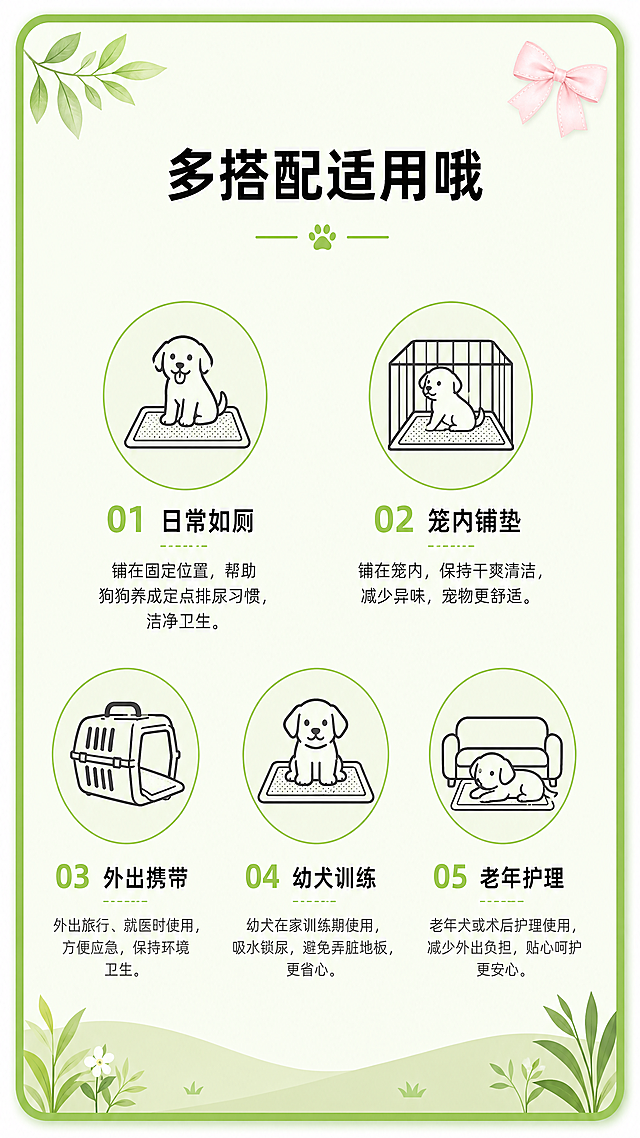 [本屏优化重生成] 多搭配适用场景展示屏，完全适配宠物尿垫详情页整体清新绿色风格，保留原图片所有文字和图标信息，重新设计配色和背景。
[氛围/风格] 清新自然活泼风格，延续整套详情页的浅绿底色，简约干净，和前面7屏设计语言完全统一。
[元素布局] 保留原图片全部内容：顶部标题、五个搭配场景的线性图标和文字说明、右上角蝴蝶结装饰，仅调整颜色和背景适配整体风格。五个场景保持上排2个、下排3个的排版不变，每个场景图标+文字位置不变，整体布局平衡舒适。
[光影质感] 整体光线均匀明亮，线条图标清晰锐利，文字清晰可读，圆角边框有轻微阴影增加层次感。
[配色色系] 全局底色：#F0F9E8（和前面详情页完全一致的浅绿底色）；圆角外框：#8BC34A（绿色边框，和整套详情页辅助色统一）；主标题：#212121（纯黑色）；场景序号：#8BC34A（绿色序号，和整套风格统一）；说明文字：#424242（深灰色）；线性图标：#424242（深灰色线条）；右上角蝴蝶结：浅粉色柔和点缀，不破坏绿色整体风格。
[视角构图] 9:16竖版全屏构图，顶部标题居中，五个场景均匀分布在画面中部，留白合理，符合手机端竖屏阅读习惯。
[文字版式] 顶部主标题“多搭配适用哦”黑色粗体，字号适中，居中对齐；每个场景图标在上，文字在下，序号+名称+说明排版清晰，文字大小适中，可读性强，所有文字内容与原图完全一致。
[比例分辨率] 9:16竖版比例，4K分辨率，文字清晰可辨，超高清。
[负向提示词] 文字错乱，排版歪斜，图标变形，颜色偏差，文字模糊，背景杂乱，水印，改变原有文字内容。