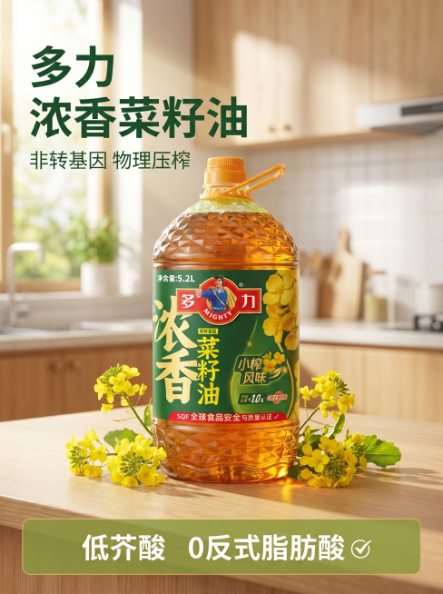 [主图 1] 多力浓香菜籽油产品主图，温馨厨房餐桌场景氛围。
[氛围风格] 真实自然生活感，温馨有食欲；
[画质] 商业摄影质感，光线柔和通透，产品清晰真实，画面干净高级。
[元素] 多力浓香菜籽油整预览效果