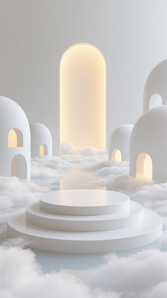 极简主义风格的3D渲染，纯净的白色为主色调，柔和的暖黄色光源从圆形拱门后方倾斜照射，营造出宁静、高级的氛围。前景是三层同心圆的白色展示台，表面光滑细腻，带有轻微的阴影渐变。背景环境改为悬浮于云海之上的未来感平台，底部可见流动的白色云层，四周环绕着几座造型相似的白色弧形结构建筑，彼此之间有镂空的圆形窗洞，光线透过窗洞形成柔和的光斑，整体构图采用对称美学，视觉引导线从展示台向上延伸至背景的云海和建筑，光影层次丰富，空间感开阔，具有极强的现代设计感和简约高级的视觉体验。