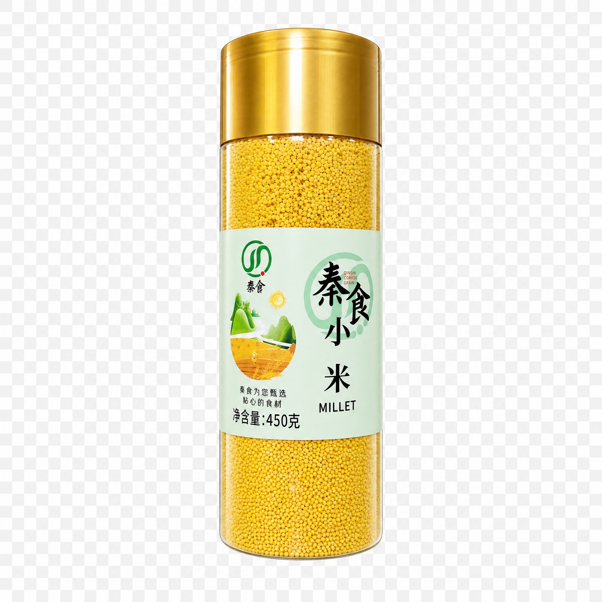参考图中罐装杂粮产品的精修风格：金色金属瓶盖有光泽质感，透明玻… - 图片创意预览