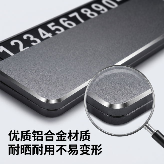 [主图 3] 铝合金临时停车牌材质细节展示。
[氛围风格] 微距特写突出材质，专业质感，真实工业风
[画质] 商业摄影质感、光线柔和通透、产品清晰真实、画面干净高级。
[元素] 特写放大铝合金边框和磨预览效果