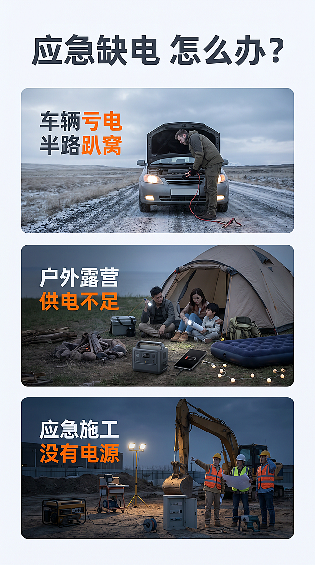 [第2屏] 详情页痛点直击屏，展示户外车辆缺电无法启动、户外露营缺电等应急场景痛点。
[氛围/风格] 写实场景风，浅灰偏冷色调，烘托用户困扰情绪，清晰传递需求。
[元素布局] 画面分三个卡片区域，分别展示车辆亏电无法启动、户外露营设备没电、工地施工临时断电三个场景，每个场景配痛点文字描述，整体布局层次分明。
[光影质感] 自然光柔和照明，每个场景清晰可辨，文字对比清晰。
[配色色系] 全局底色 #F8FAFC，主色浅灰场景，深灰文字，橙色高亮痛点关键词。
[视角构图] 三分卡片构图，从上到下阅读动线清晰。
[文字版式] 顶部大标题「应急缺电 怎么办？」，三个卡片分别配痛点文字：「车辆亏电 半路趴窝」「户外露营 供电不足」「应急施工 没有电源」，文字清晰，每个痛点单行展示，关键词橙色高亮。
[比例分辨率] 9:16竖版比例，2K分辨率，文字清晰可辨，高清画质。
[负向提示词] 变形，水印，文字错乱，文字过小，背景杂乱，场景模糊，敏感元素。