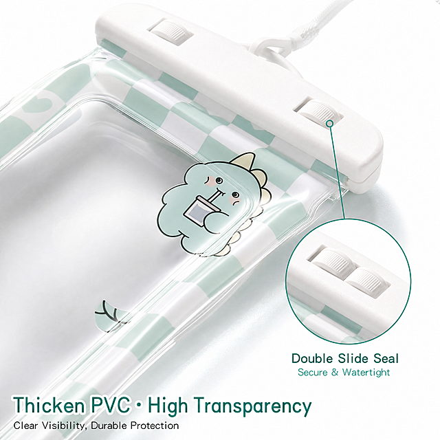 [主图-3] Waterproof Phone Pouch material detail close-up display. Quality focused style, show details to increase trust. Macro commercial photography, clear texture, sharp detail, high definition. For the green dinosaur design waterproof phone pouch, take a partial close-up of the sealing slide and transparent window area, keep the product material, pattern and color consistent with the input image. Magnify the double sliding buckle seal structure and high transparent PVC window to show the thickened material and good light transmittance. Mark the sealing position with a small magnifying glass icon, add description text. Use pure white background, focus on product details. Side backlight, highlight the transparency of PVC material and the thickness of the edge, clear texture. Main color is light green and white, natural color, soft contrast. Partial close-up, detail area as the center, 1:1 composition. Add the text "Thicken PVC · High Transparency" at the bottom left, English text, clear and readable. 1:1 square ratio, 2k resolution. Negative prompt: deformation, watermark, text disorder, blurred product, messy background, Chinese characters