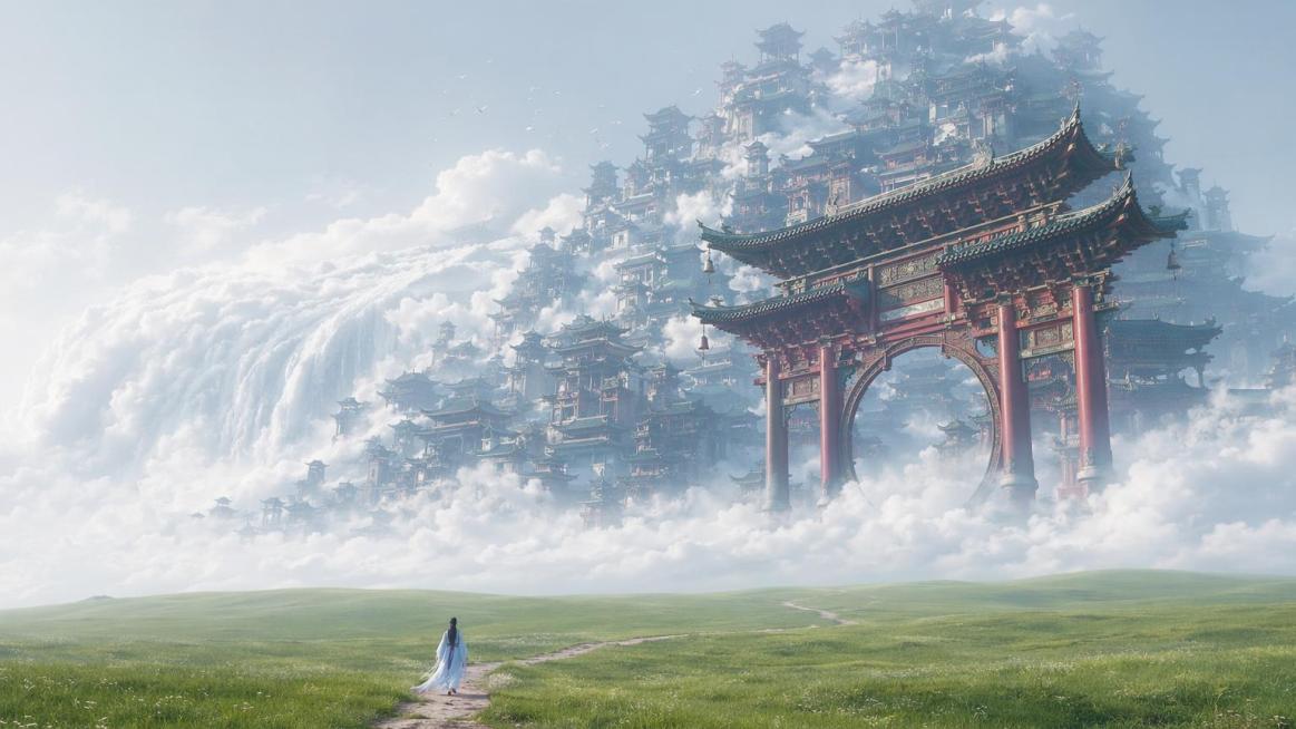 【构图】横向纵深广角构图，前景大面积起伏平缓翠绿草原，泥土小径蜿蜒向远方巨型仙城，画面下方小径仅有一个极小古装背影；中景天际线铺展厚重蓬松云海，云海之上耸立垂直无限层叠的巨型中式古城，右侧巨型三重檐拱预览效果