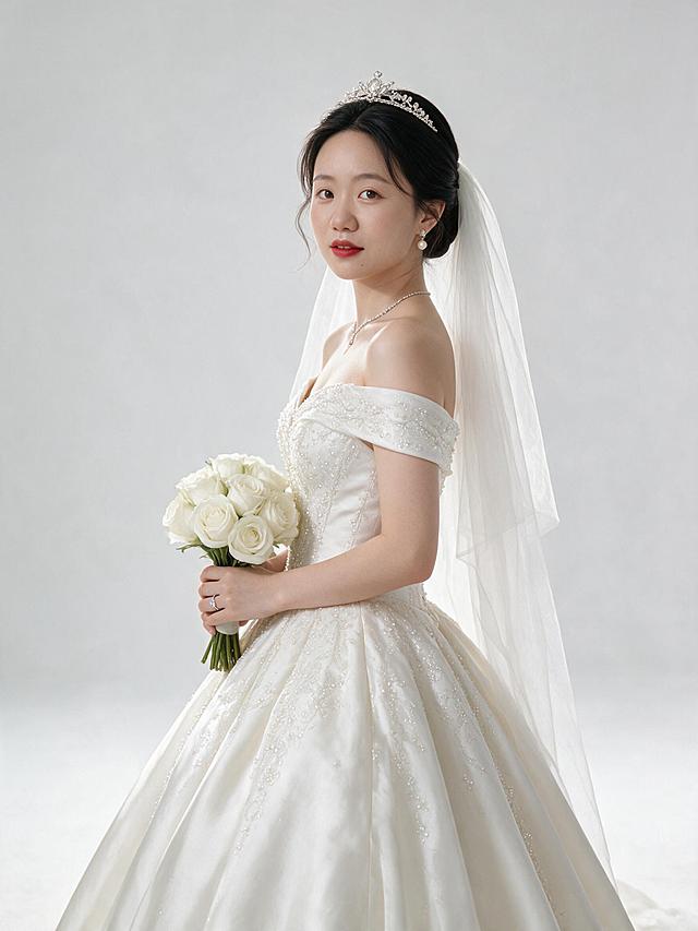 超高清现代中式婚纱摄影作品，干净简约、高级质感、柔和暖白色调。纯净浅灰白色影棚背景，柔和均匀的影棚专业布光，人物面部明亮通透，侧光营造立体感，肤质细腻有光泽。整体暖白色调，画面明亮干净，肤色白皙通透自然红润，婚纱呈现象牙白质感。超高清画质，保留皮肤细腻纹理、婚纱珠片刺绣细节、面料光泽质感，背景柔和虚化，人物清晰锐利。

人物：严格使用上传的三张参考肖像中的同一对新人，女性为唯一新娘，100%沿用原图五官、脸型、肤色，禁止修改，面部特征精准还原，表情自然真实。女性身形纤细优雅。

新娘造型：黑色长发，韩式优雅低盘发，留有柔和碎发丝修饰脸型；头戴精致水钻皇冠，搭配轻薄白色头纱；清透裸肌妆容，自然柔和眉形，淡粉色腮红，气质正红色唇妆，妆感干净高级；象牙白一字肩婚纱，通体点缀细密珠片刺绣，面料有光泽质感，裙摆蓬松优雅；佩戴水钻项链、珍珠耳饰、钻石戒指，手捧白色玫瑰花束；整体端庄大气、温婉优雅。

第4张动作：新娘优雅侧身照。新娘侧身站立，轻轻回眸，展现婚纱一字肩线条与精致轮廓。头纱自然垂落，表情恬静优雅。全身构图，姿态端庄大气。

禁止：复杂花哨背景、暗沉灰暗色调、过度磨皮、手指变形、五官比例失调、表情僵硬、服装款式更改、画面杂乱、人物比例失调