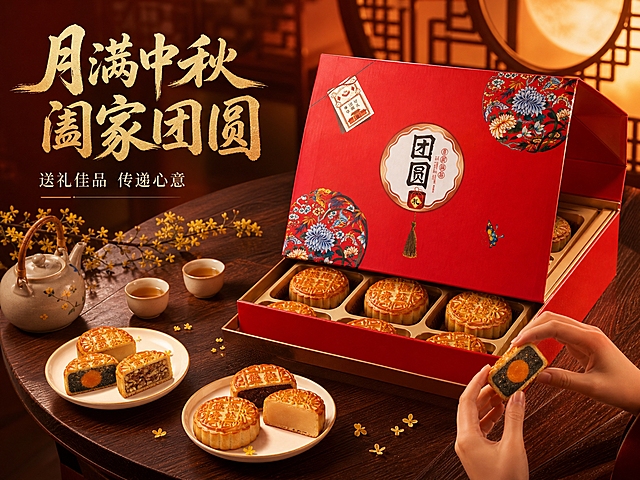 [主图-4] 中秋送礼场景图，营造团圆佳节的温馨氛围。
[统一基调] 高端国潮喜庆风格，红色与橙色渐变主色调，金色点缀，暖调光影，商业美食摄影质感，字体采用厚重书法体搭配细宋体辅助，字色为米白与金色。
[画面] 温馨的中秋家宴场景：深棕色木质圆桌上，中央放置红色"团圆"月饼礼盒，礼盒打开一半，露出里面整齐排列的月饼。礼盒周围摆放3-4碟切好的月饼，每碟有不同口味的切块，搭配精致的白瓷盘。桌上还有一壶热茶、两个小茶杯、几枝桂花装饰，背景是虚化的暖橙色中式窗格与圆月光影，营造出中秋月夜团圆的氛围。画面右下角有一双精致的手正拿起一块月饼。整体场景温暖雅致，突出礼盒的送礼与分享属性。
[光影质感] 暖黄色主光源从右上方照射，模拟傍晚室内暖光氛围，月饼表面有柔和的油亮光泽，礼盒红色鲜艳有质感，桌面有自然的反光与阴影，整体光影柔和温暖，有电影级质感。
[配色] 主色暖橙红与深棕木色调，礼盒的正红色成为视觉焦点，金色点缀，整体暖色调温馨喜庆。
[文字版式] 画面左上方主标题"月满中秋 阖家团圆"，厚重书法体，金色；下方小字"送礼佳品 传递心意"，细宋体，米白色。文字放在画面左上负空间，不遮挡主体。
[输出要求] 4:3比例，2K分辨率，场景自然真实，产品清晰，氛围温馨。禁止人物面部出现、禁止变形、错字、模糊、水印、平台Logo。