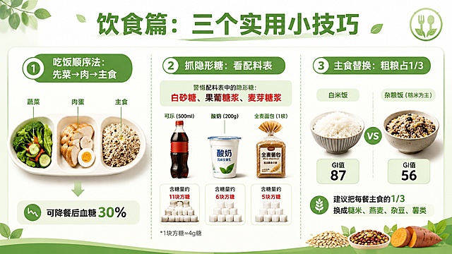 PPT饮食篇三合一总览页设计，16:9横版比例。页面顶部有大标题"饮食篇：三个实用小技巧"。画面横向分为三栏，每栏是一个独立的饮食技巧：左栏标题"吃饭顺序法：先菜→肉→主食"，配图是三格餐盘（蔬菜、肉蛋、主食），下方小字"可降餐后血糖30%"；中栏标题"抓隐形糖：看配料表"，配图是一瓶可乐、一杯酸奶、一袋全麦面包并排，旁边用方糖块数标出含糖量，重点词"白砂糖、果葡糖浆、麦芽糖浆"标红加粗；右栏标题"主食替换：粗粮占1/3"，配图是白米饭vs杂粮饭对比，标出GI值（白米GI=87，糙米GI=56），下方文字"建议把每餐主食的1/3换成糙米、燕麦、杂豆、薯类"。整体风格统一为清新健康的美食科普风，绿色系为主，三栏之间有分隔线，白色或浅米色背景，与参考图风格一致，排版清晰整齐。