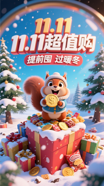 3D卡通风格。透过前景模糊的放大镜的POV视角+鱼眼构图，一个穿着冬装的迷你松鼠在一大堆凌乱堆叠的礼盒、零食顶部，以夸张且享受的的表情吃着一个硕大的大金币，冬雪覆盖在仓鼠和礼盒身上，背后巨大的带有设计预览效果