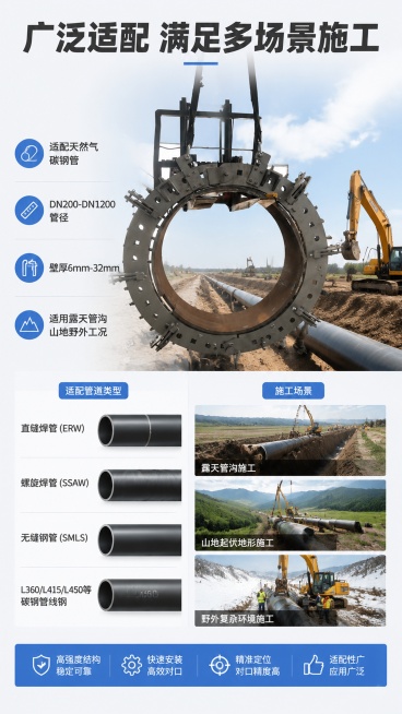 [第3屏] 场景适配展示，介绍重型管道矫正对口器适用场景与适配管道类型。
[氛围/风格] 写实工业场景风，专业沉稳，清晰展示适用范围。
[元素布局] 上方主标题，下半部分分区域展示适用管材类型与施工环预览效果