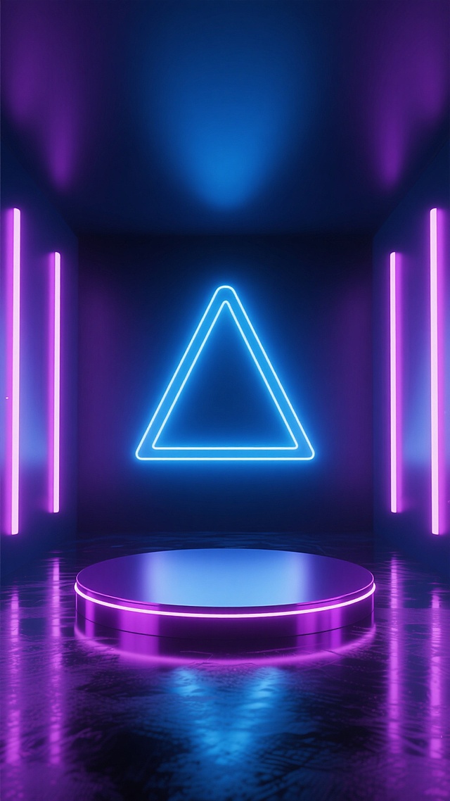 赛博朋克风格电竞舞台背景，深邃暗蓝色与紫色渐变空间，中央为发光三角形霓虹隧道，由蓝白色和粉紫色线条构成的几何光效从顶部向中央汇聚，地面是光滑反光的紫色金属质感平台，底部有圆形霓虹光环舞台，两侧有垂直排列的条形霓虹光效，整体呈现强烈的科技感与未来感，光影对比鲜明，光线具有流动感和层次感，营造出紧张刺激的电竞比赛氛围。