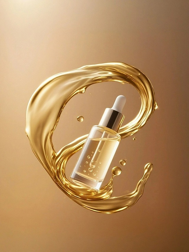 产品周围是曲线高光金属质感的金色流动液体、水滴，光线反射细腻，流动光影，背景暖金渐变