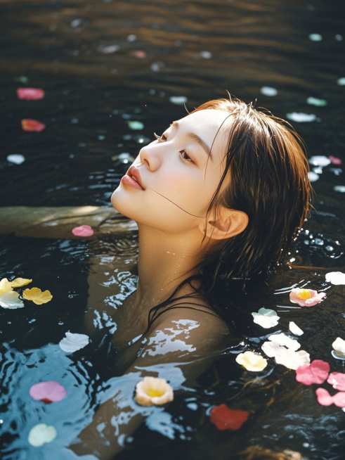 水下摄影，一位少女，梦幻光影，水底透明，肌理反光，迷乱，颓废，折射光影，光影弥散，棕黑色系，水光荡漾，闭眼，侧颜，水底多色花瓣透光预览效果