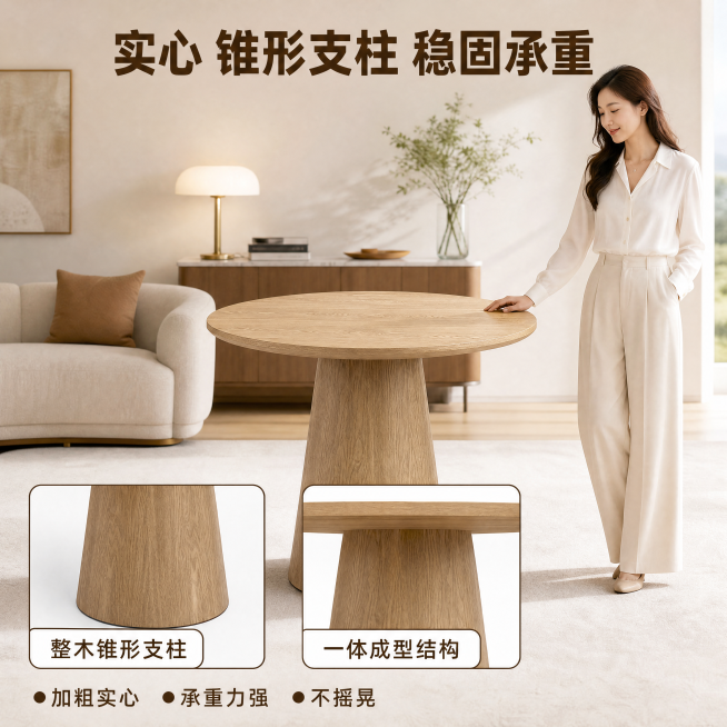 [主图-2] 实木洽谈小圆桌稳固结构展示图。
[氛围风格] 现代简约轻奢风，温馨居家生活感；
[画质] 商业摄影质感、光线柔和通透、产品清晰真实、画面干净高级。
[元素] 展示实木小圆桌整体，在原轻奢预览效果