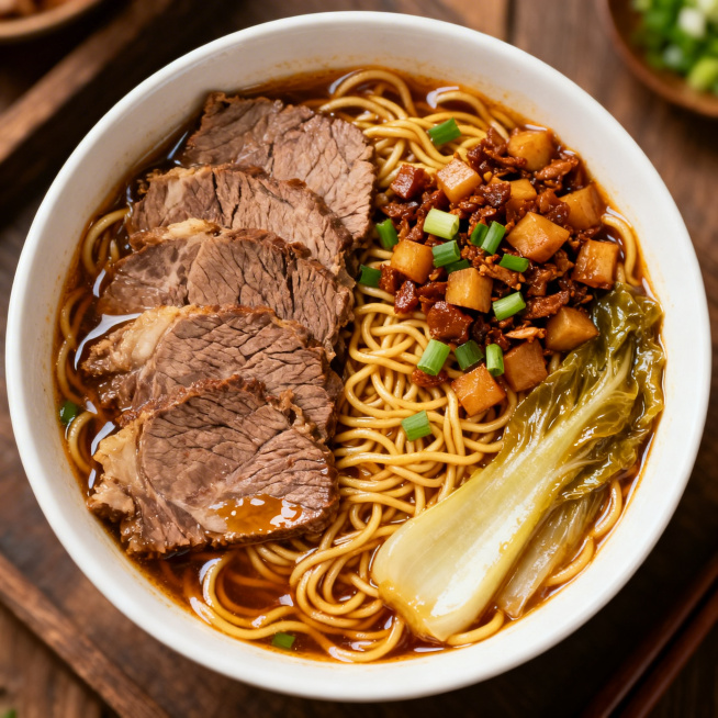 从上方四十五度俯拍一整碗牛肉面，一半盛放着切片牛肉，另一半撒着热干面款式的萝卜干，搭配葱花和煮熟的大白菜段，美食摄影，高清写实，色泽诱人预览效果