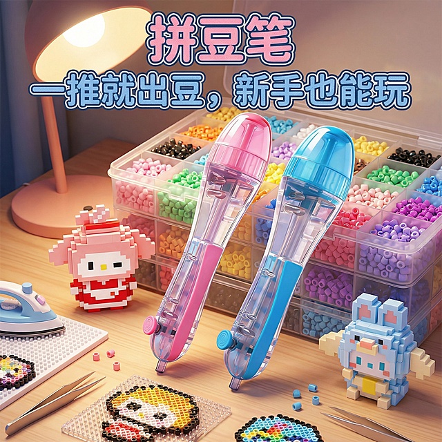 这是一款拼豆笔，换个背景，要在拼豆中使用，第一眼要看到拼豆笔，添加【拼豆笔】【一推就出豆，新手也能玩】文字，拼豆笔的款式数量颜色不要改变，拼豆笔靠在一个东西上，不要悬浮在空中